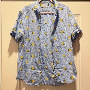 Puro Lino Made in Italy Blue and Yellow Lemon Linen Button Down Shirt
